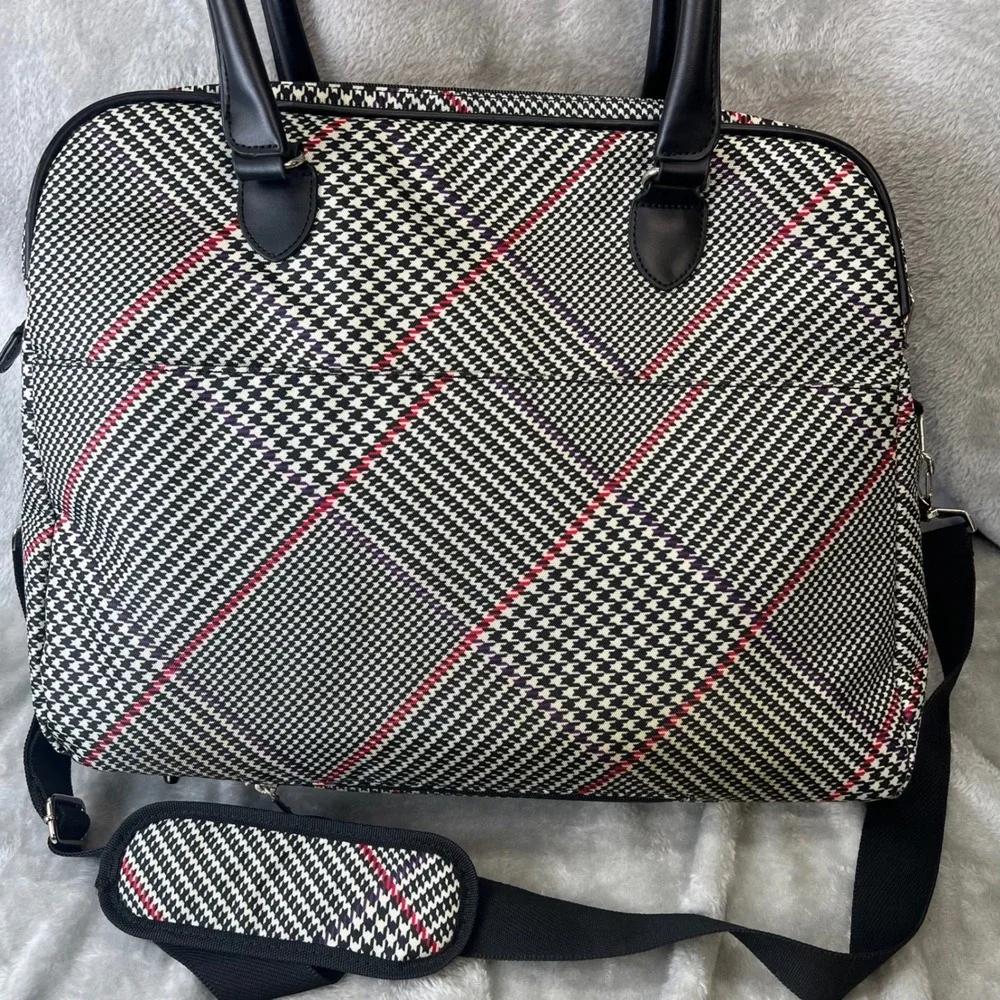 Chaps by Ralph Lauren Houndstooth Canvas/Leather Duffle‎ Bag Removable Strap